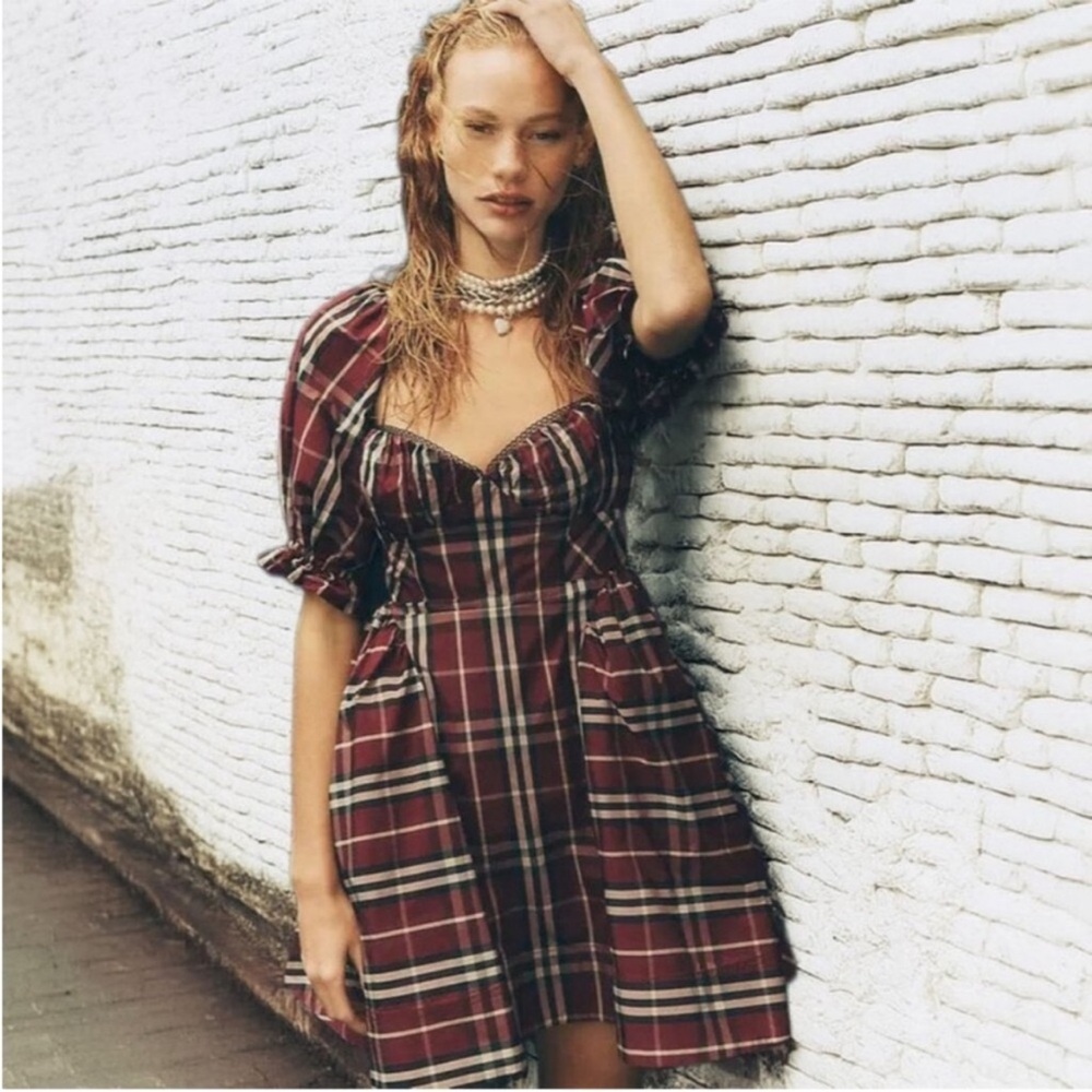 Anthropologie Maeve Plaid Maroon Tartan Burgundy Mini Puff Sleeve Dress Size S